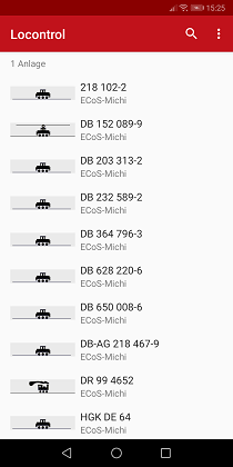 Screenshot der Lokliste mit Icon und Name der Loks.